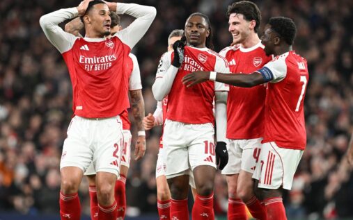 Eberechi Eze celebrating a spectacular goal for Arsenal on the pitch