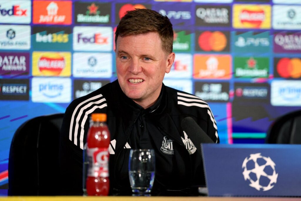 Newcastle United manager Eddie Howe speaking at a press conference ahead of a Champions League match