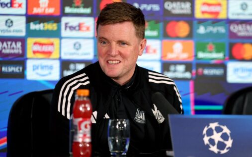 Newcastle United manager Eddie Howe speaking at a press conference ahead of a Champions League match