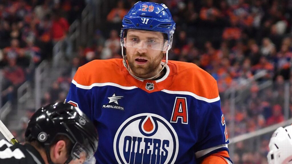 Edmonton Oilers forward Leon Draisaitl skating on the ice during an NHL match