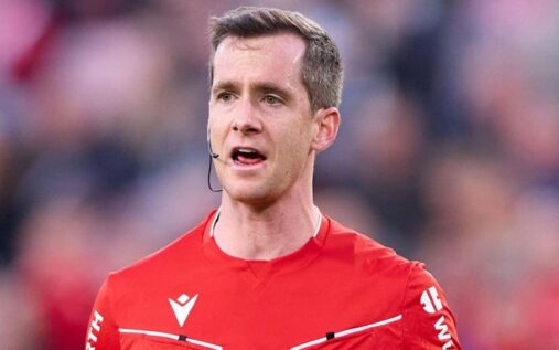 Referee Iosu Galech Apezteguia talking to players during the halted match between Elche and Espanyol