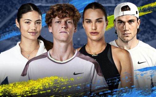 Emma Raducanu hitting a forehand on a hard court alongside split images of Jannik Sinner and Aryna Sabalenka