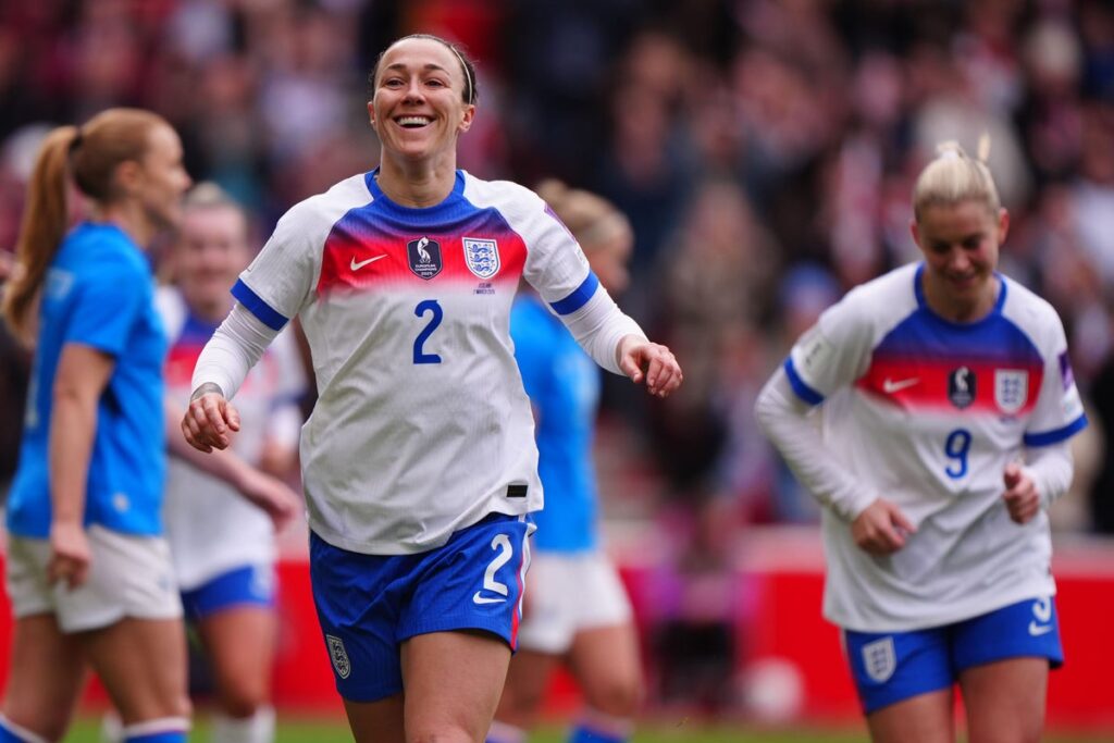 Lucy Bronze celebrating her goal for England against Iceland at the City Ground