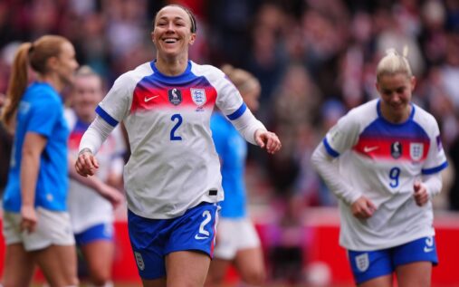 Lucy Bronze celebrating her goal for England against Iceland at the City Ground