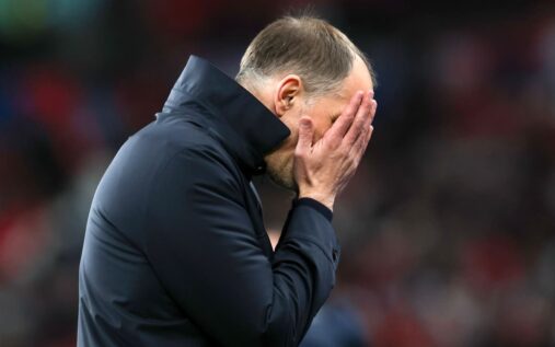 Ben White looking dejected on the pitch after conceding a late penalty for England against Uruguay at Wembley.