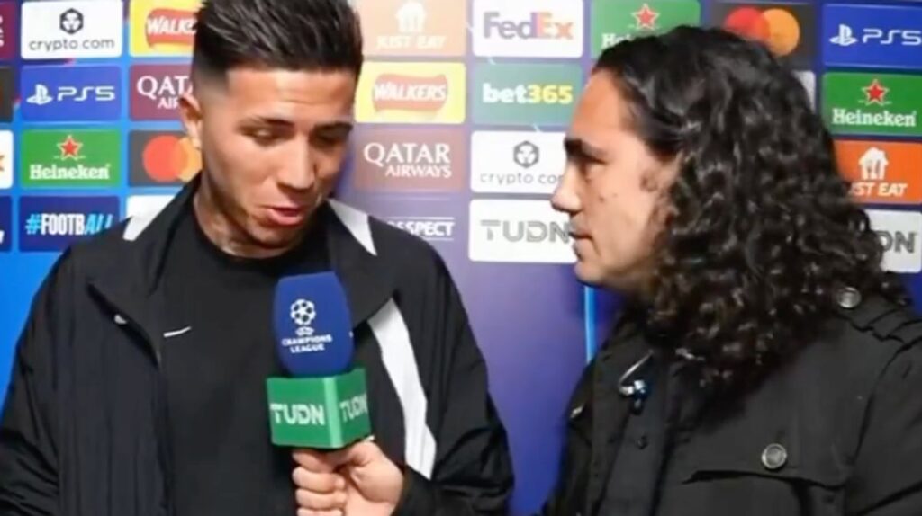 Enzo Fernandez looking frustrated in a Chelsea shirt during a match