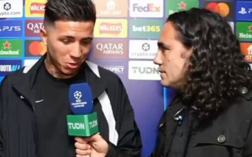 Enzo Fernandez looking frustrated in a Chelsea shirt during a match