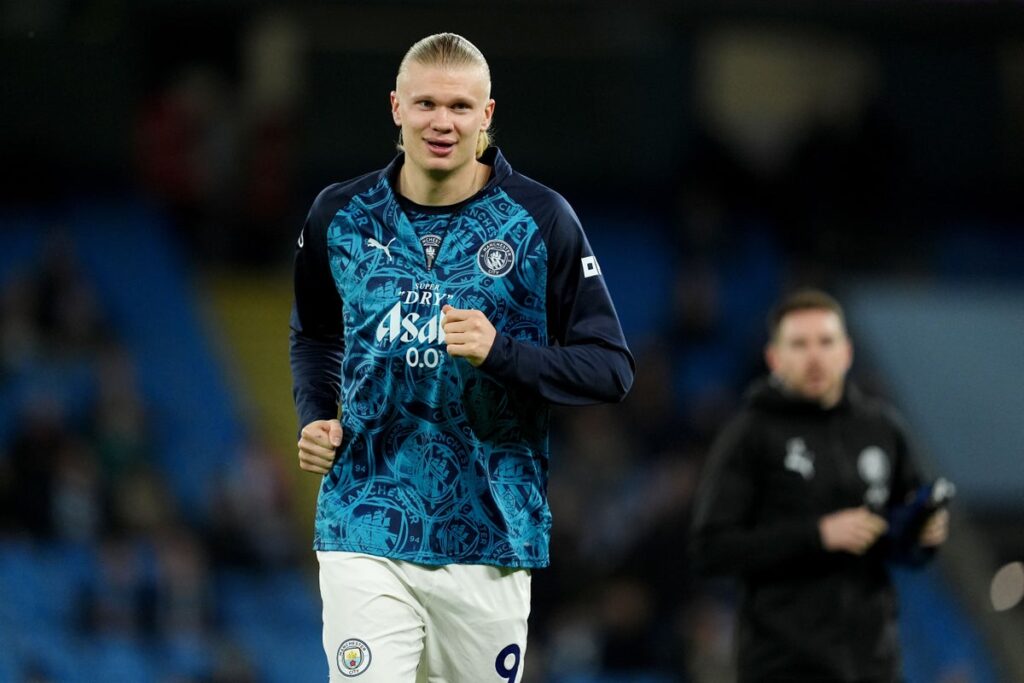 Erling Haaland of Manchester City running intensely during a training session