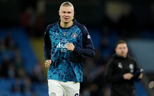 Erling Haaland of Manchester City running intensely during a training session