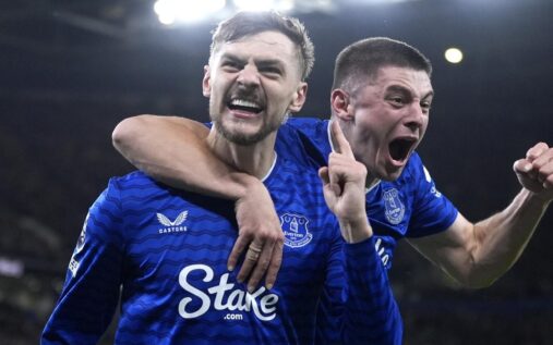 James Tarkowski celebrates scoring for Everton against Burnley at Hill Dickinson Stadium