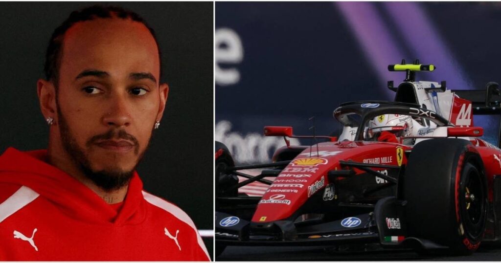 Ferrari driver Lewis Hamilton wearing his race helmet and looking focused in the garage at the Japanese Grand Prix
