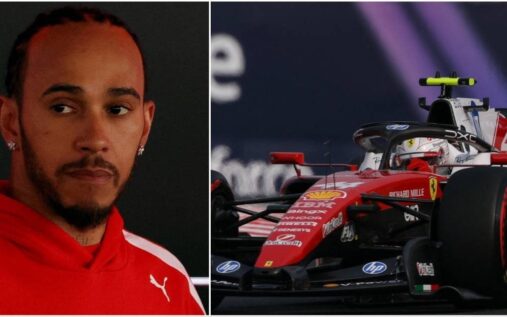 Ferrari driver Lewis Hamilton wearing his race helmet and looking focused in the garage at the Japanese Grand Prix