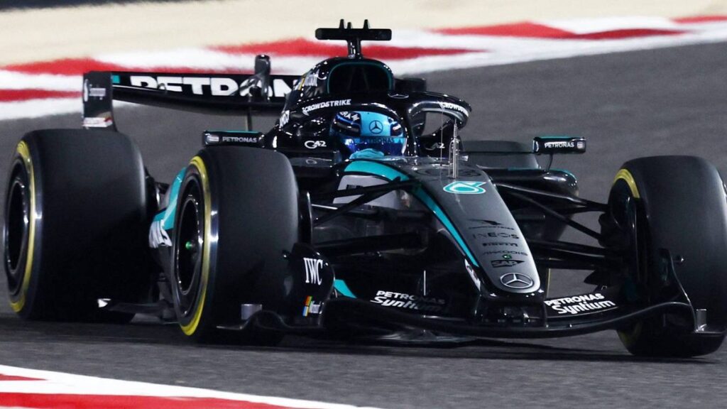 A Mercedes Formula 1 car navigating a corner on a race track