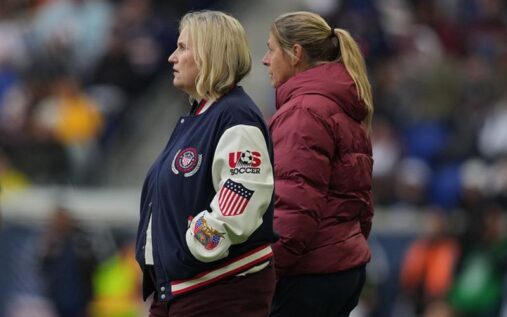 England manager Sarina Wiegman directing her team from the touchline during a Women's World Cup match