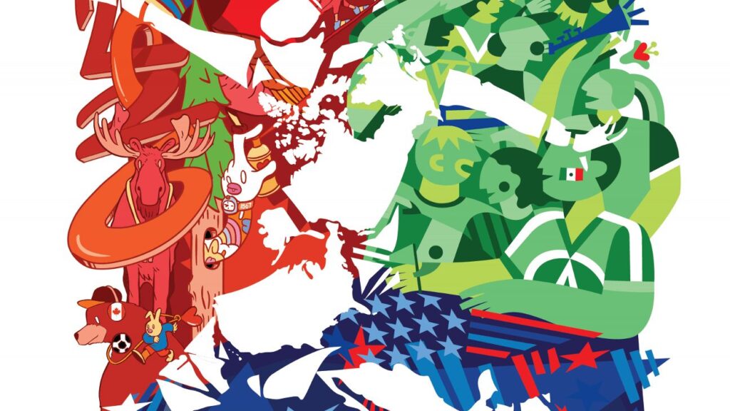 The official 2026 World Cup poster featuring abstract designs in blue, red, and green representing the host nations