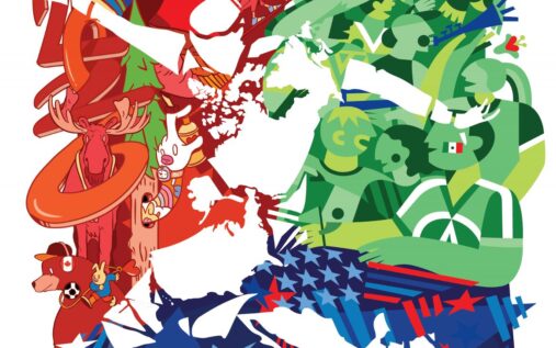The official 2026 World Cup poster featuring abstract designs in blue, red, and green representing the host nations