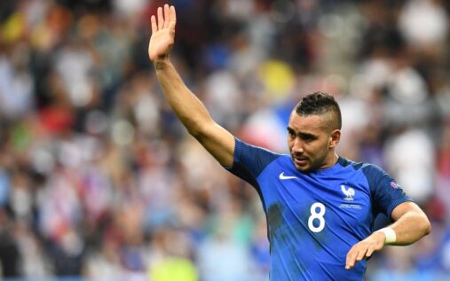 Dimitri Payet waving to the crowd while wearing a Marseille football kit