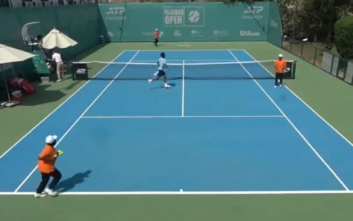 Tennis players rushing off the court at the Fujairah Challenger in the UAE