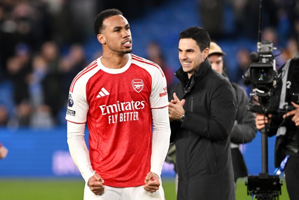 Arsenal defender Gabriel Magalhaes gesturing on the pitch during a Premier League match
