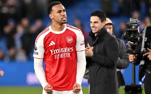 Arsenal defender Gabriel Magalhaes gesturing on the pitch during a Premier League match