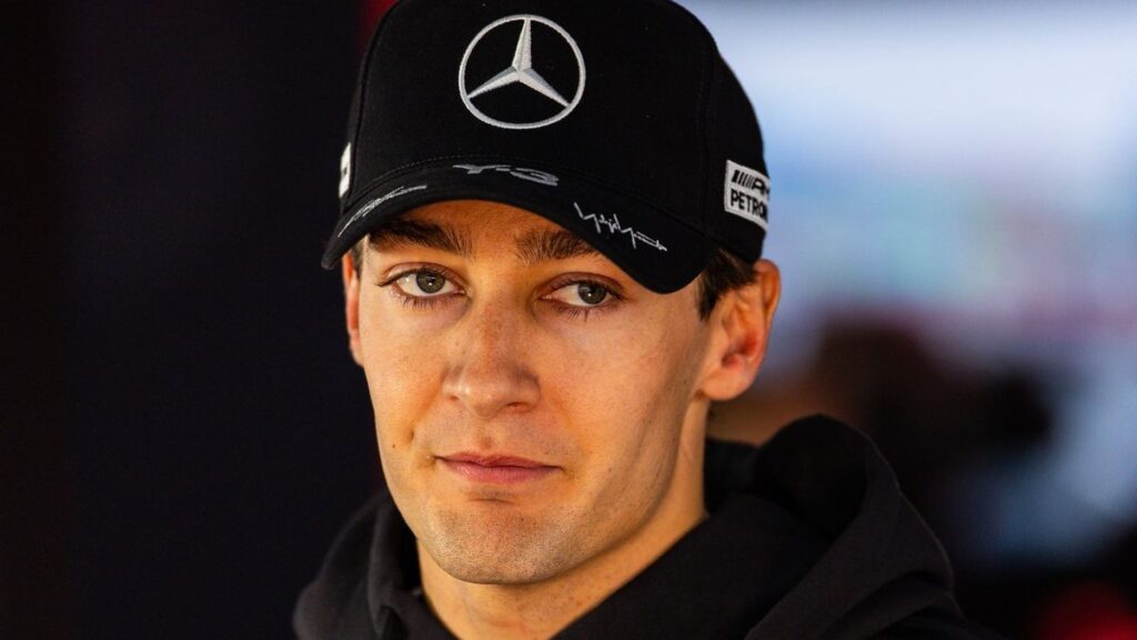 George Russell looking frustrated in his Mercedes race suit during the 2026 Formula 1 season