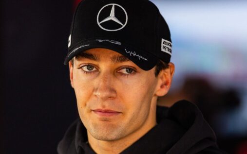 George Russell looking frustrated in his Mercedes race suit during the 2026 Formula 1 season