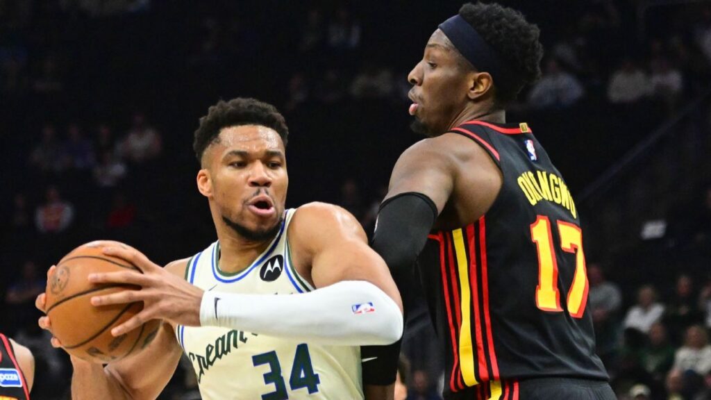 Giannis Antetokounmpo of the Milwaukee Bucks looking on from the sidelines