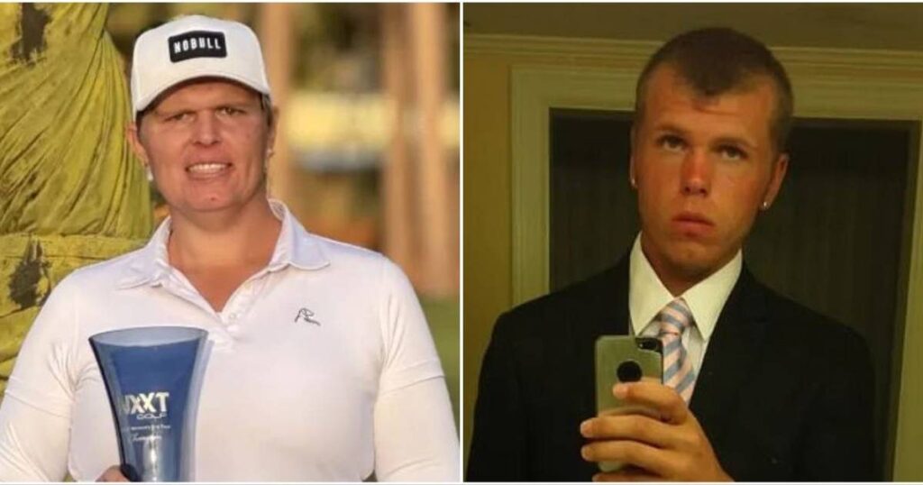 Transgender golfer Hailey Davidson lining up a shot on the golf course