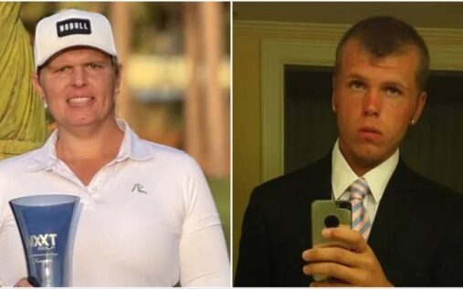 Transgender golfer Hailey Davidson lining up a shot on the golf course