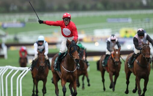 Jockey JJ Slevin riding Home By The Lee to victory in the Stayers' Hurdle at the Cheltenham Festival