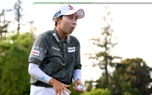 Hyo Joo Kim holding the Fortinet Founders Cup trophy after her wire-to-wire victory