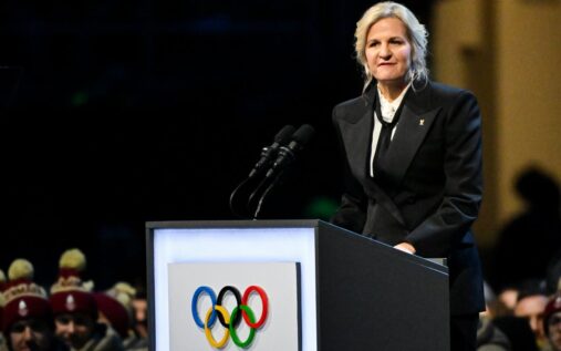 The Olympic rings logo displayed on a building representing the International Olympic Committee