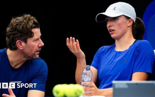 Iga Swiatek looking disappointed on court during her second-round match at the Miami Open