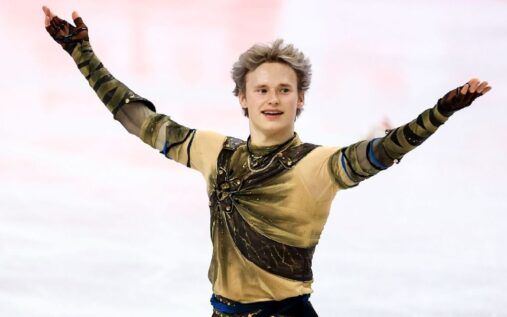 Ilia Malinin performing his short program routine on the ice at the World Figure Skating Championships