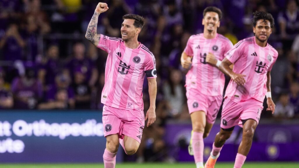Inter Miami players celebrating a goal during their match against Orlando City in the MLS