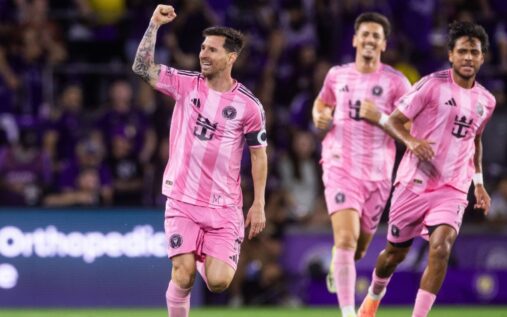 Inter Miami players celebrating a goal during their match against Orlando City in the MLS