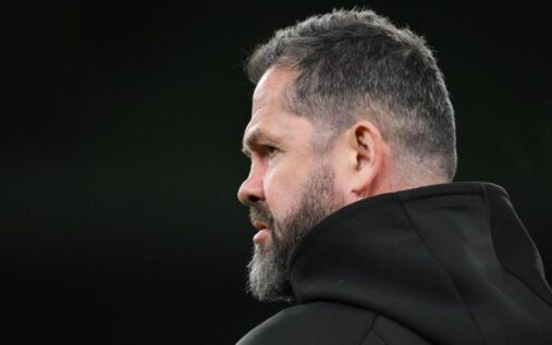 Ireland head coach Andy Farrell looking focused during a Six Nations rugby match