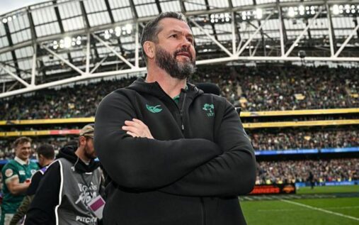 Ireland head coach Andy Farrell looking thoughtful on the touchline during a Six Nations rugby match