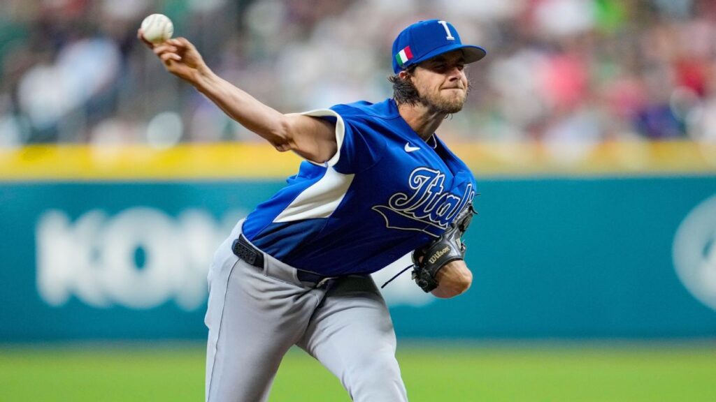 Aaron Nola pitching on the mound for Team Italy during the World Baseball Classic