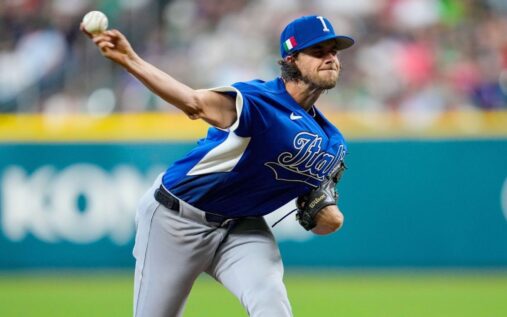 Aaron Nola pitching on the mound for Team Italy during the World Baseball Classic