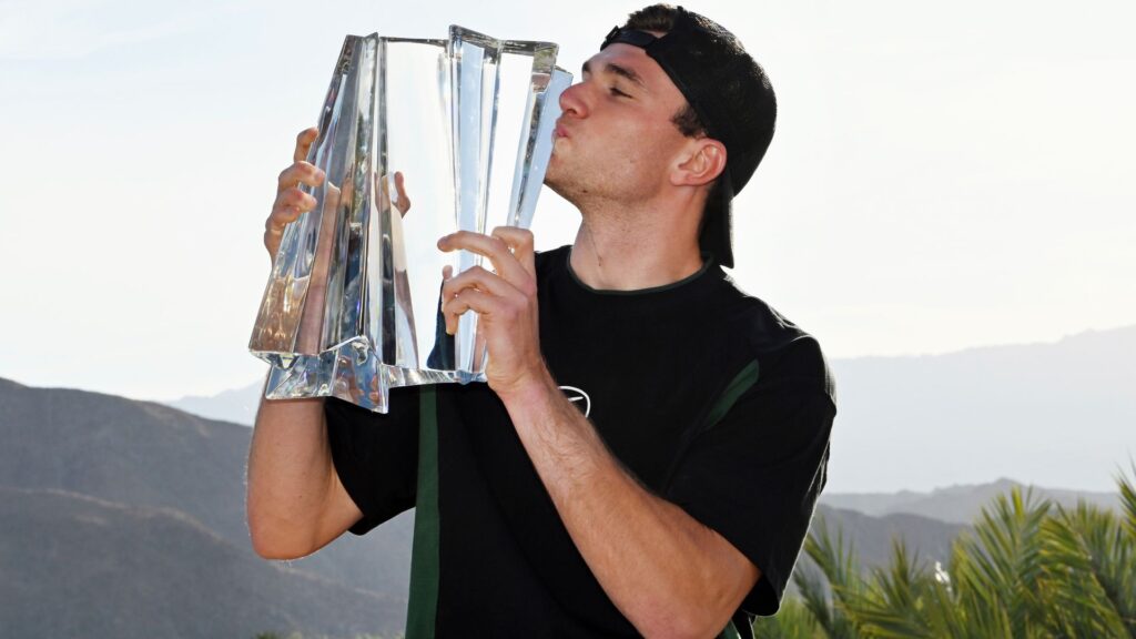 Jack Draper celebrating with the trophy after winning the Indian Wells title in 2025