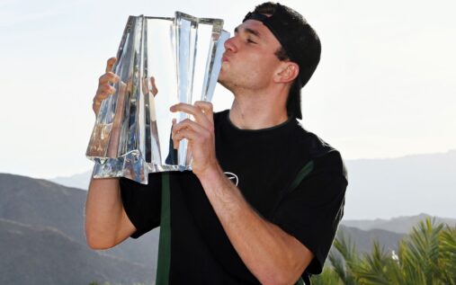 Jack Draper celebrating with the trophy after winning the Indian Wells title in 2025