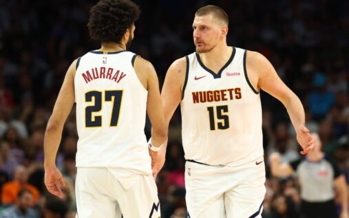 Jamal Murray driving to the basket for the Denver Nuggets against the Dallas Mavericks