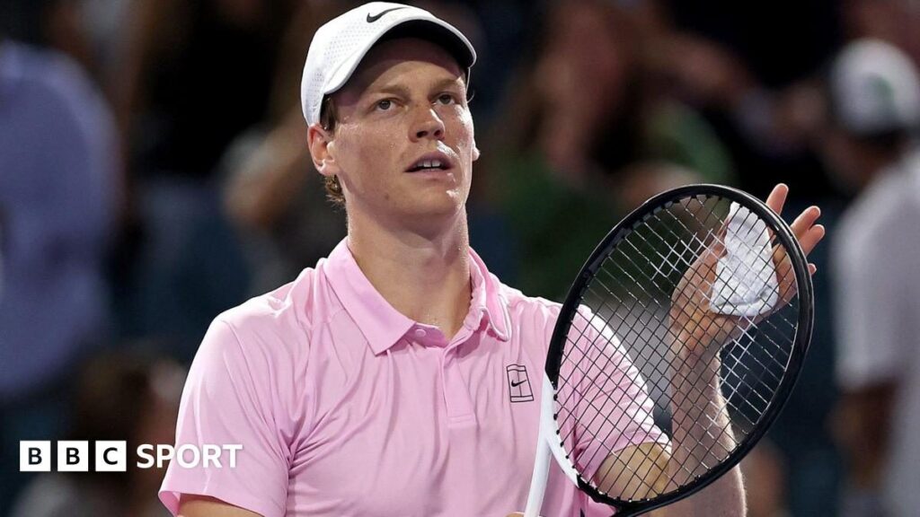 Jannik Sinner hitting a forehand during his record-breaking victory at the Miami Open tennis tournament