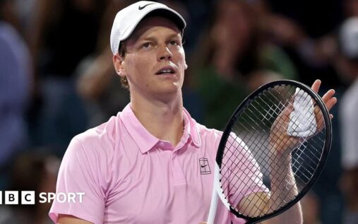 Jannik Sinner hitting a forehand during his record-breaking victory at the Miami Open tennis tournament