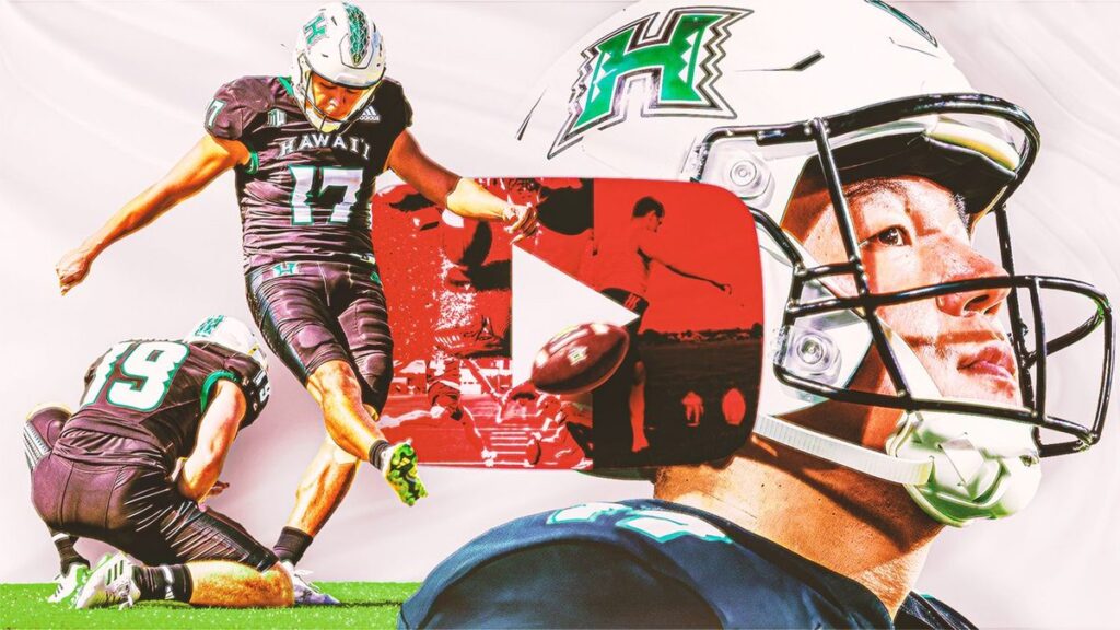 Kansei Matsuzawa kicking an American football during a game for Hawai'i