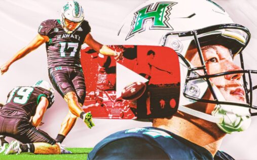 Kansei Matsuzawa kicking an American football during a game for Hawai'i