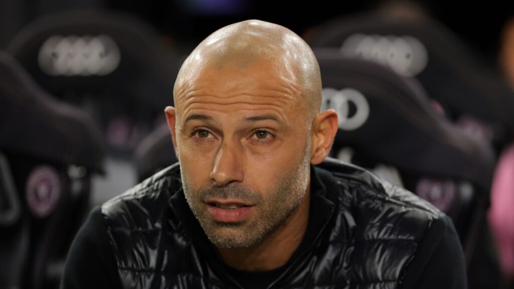 Inter Miami manager Javier Mascherano celebrates winning the MLS Cup on the touchline