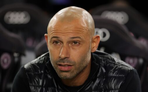 Inter Miami manager Javier Mascherano celebrates winning the MLS Cup on the touchline