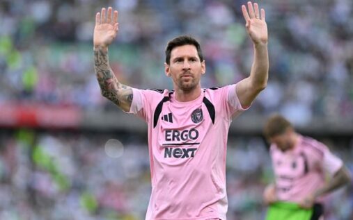 Barcelona president Joan Laporta and former forward Lionel Messi